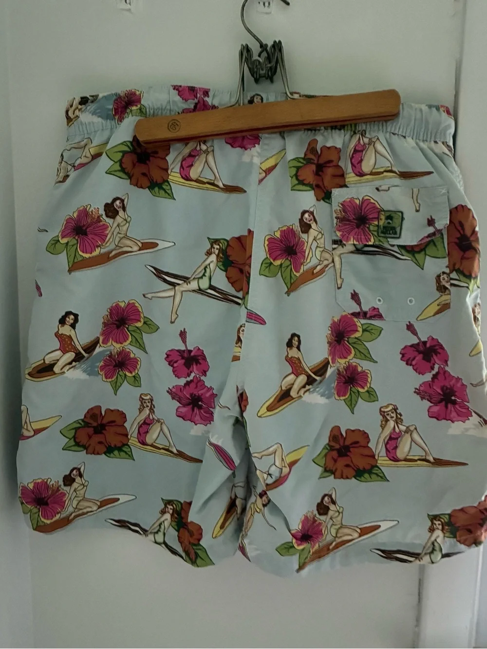 Peter Miller men’s surfer fun Light Blue Floral & Surf Print Swim Shorts