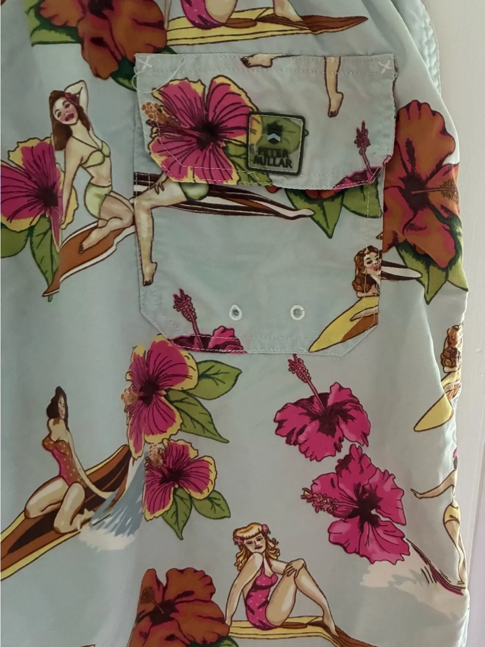 Peter Miller men’s surfer fun Light Blue Floral & Surf Print Swim Shorts