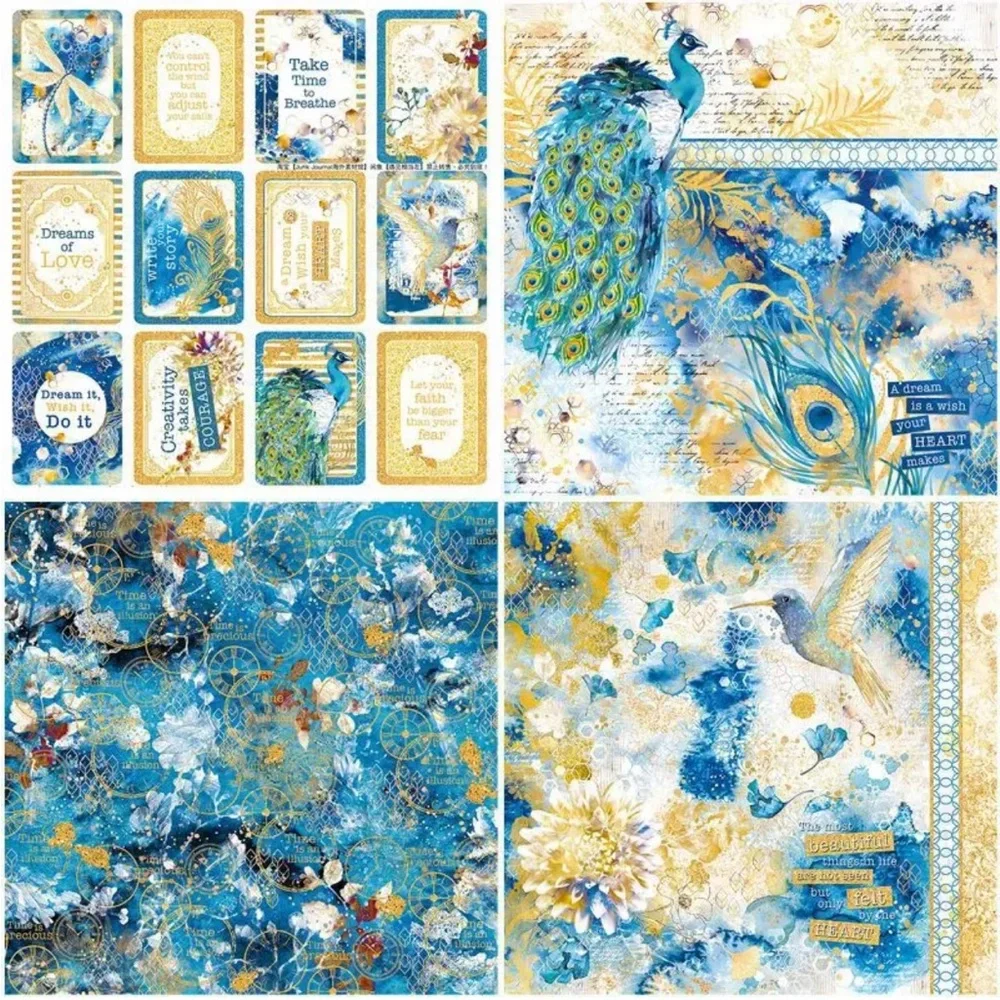 Peacock Retro Indigo Printed DIY Junk Journaling Loose Sheets (12 Sheets)