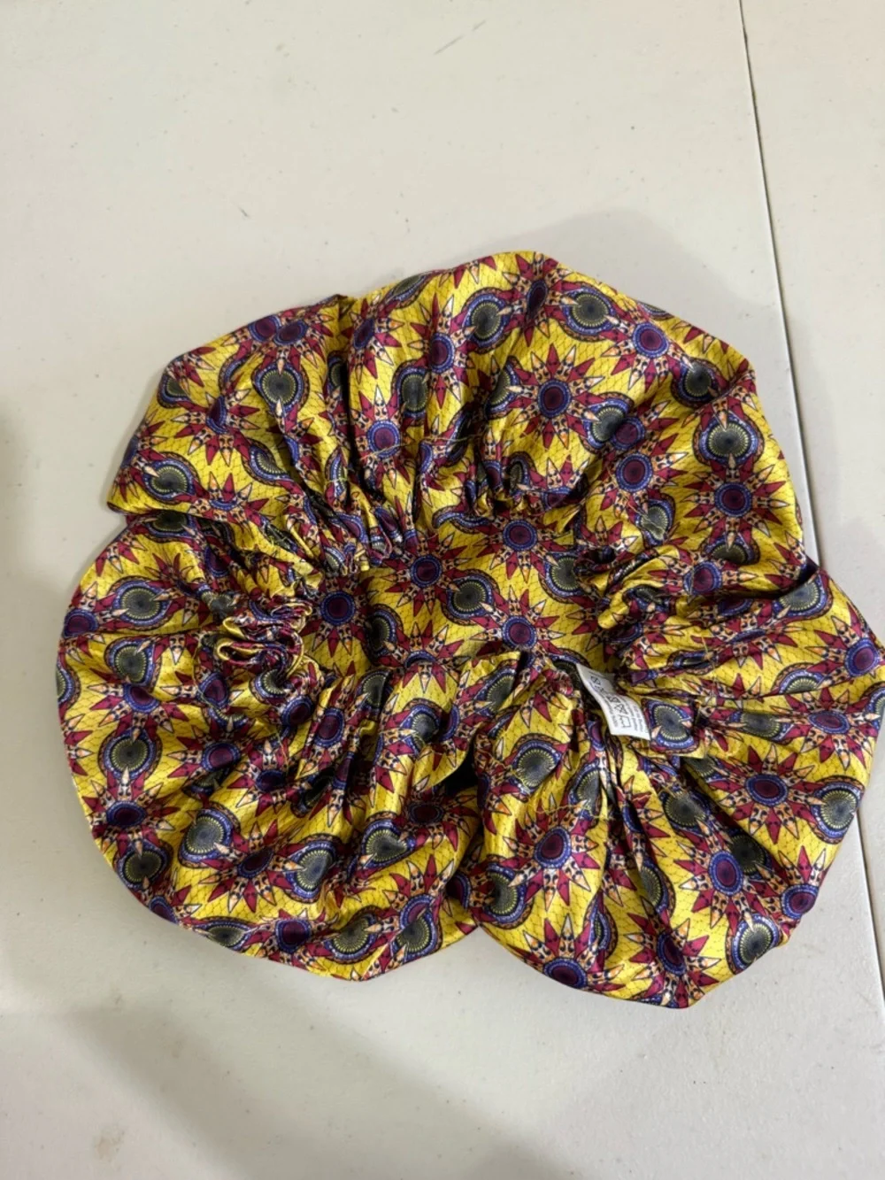TRUBEAUTY Yellow Patterned Satin Hair Bonnet with Elastic Edge