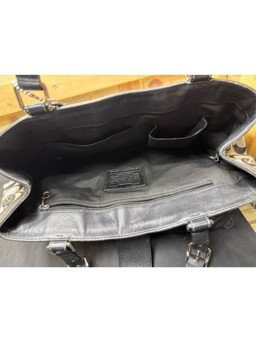 Coach Signature C Black Grey Canvas Buckle Tote Shoulder Bag Wallet Set F12642