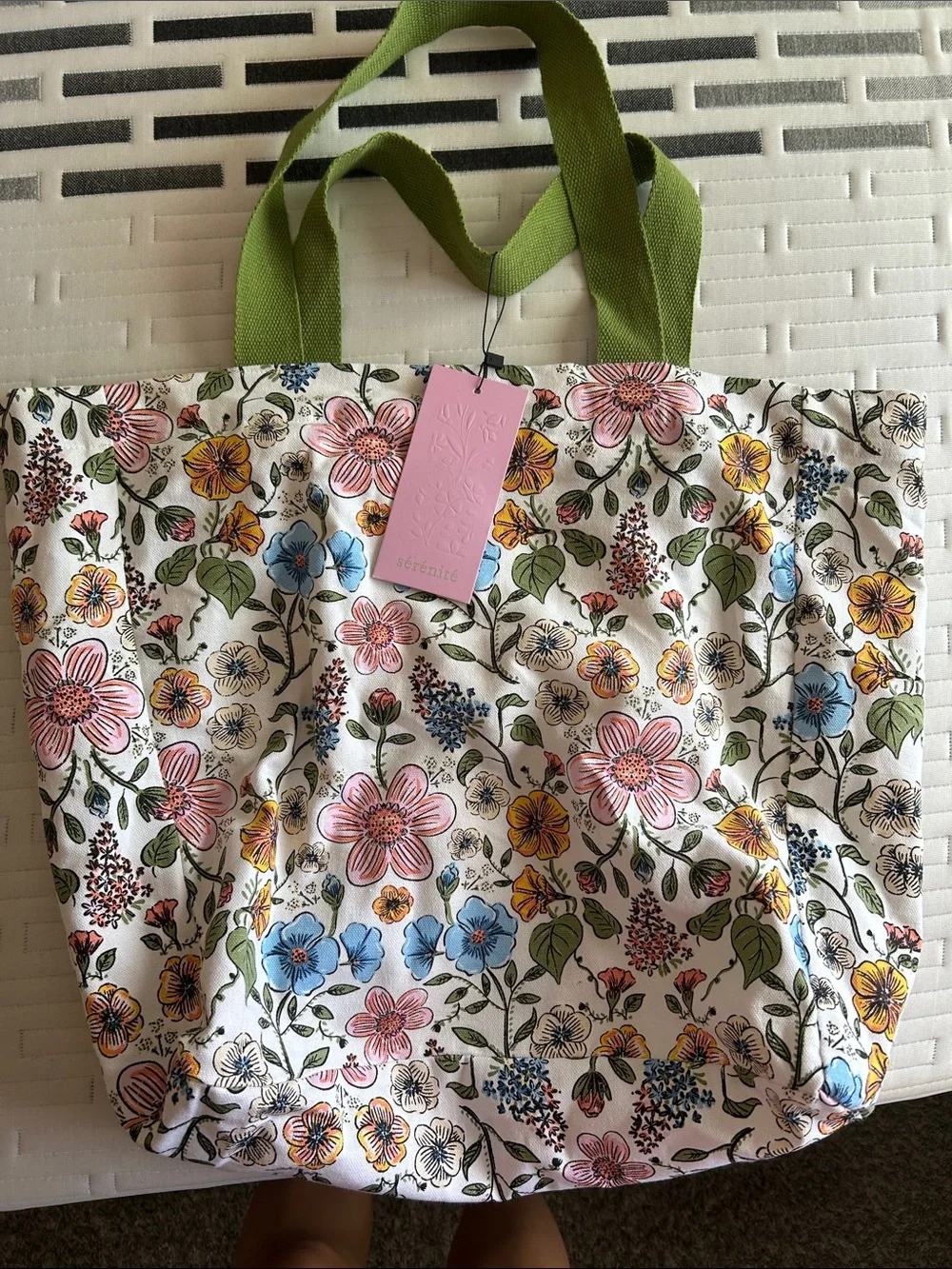 Women’s Floral Canvas Tote Bag with Green Handles