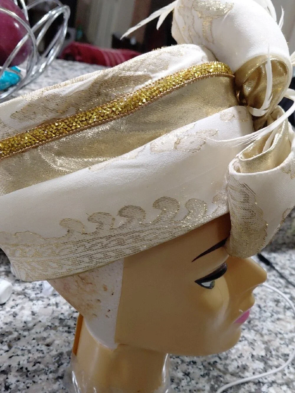 Elegant Ivory Feathered Headwrap with Rhinestone Brooch Ms Divine Hat