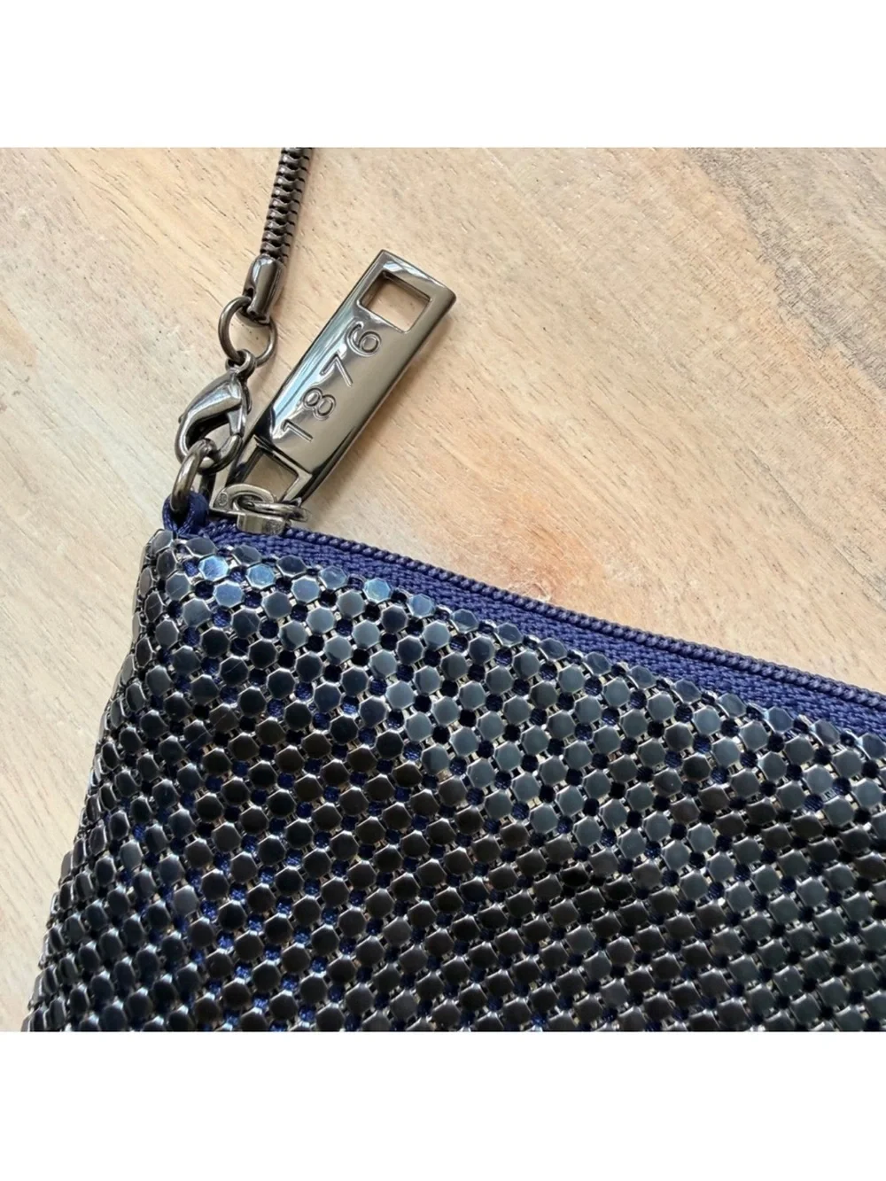Whiting & Davis Denim Navy Blue Mesh Crossbody Bag