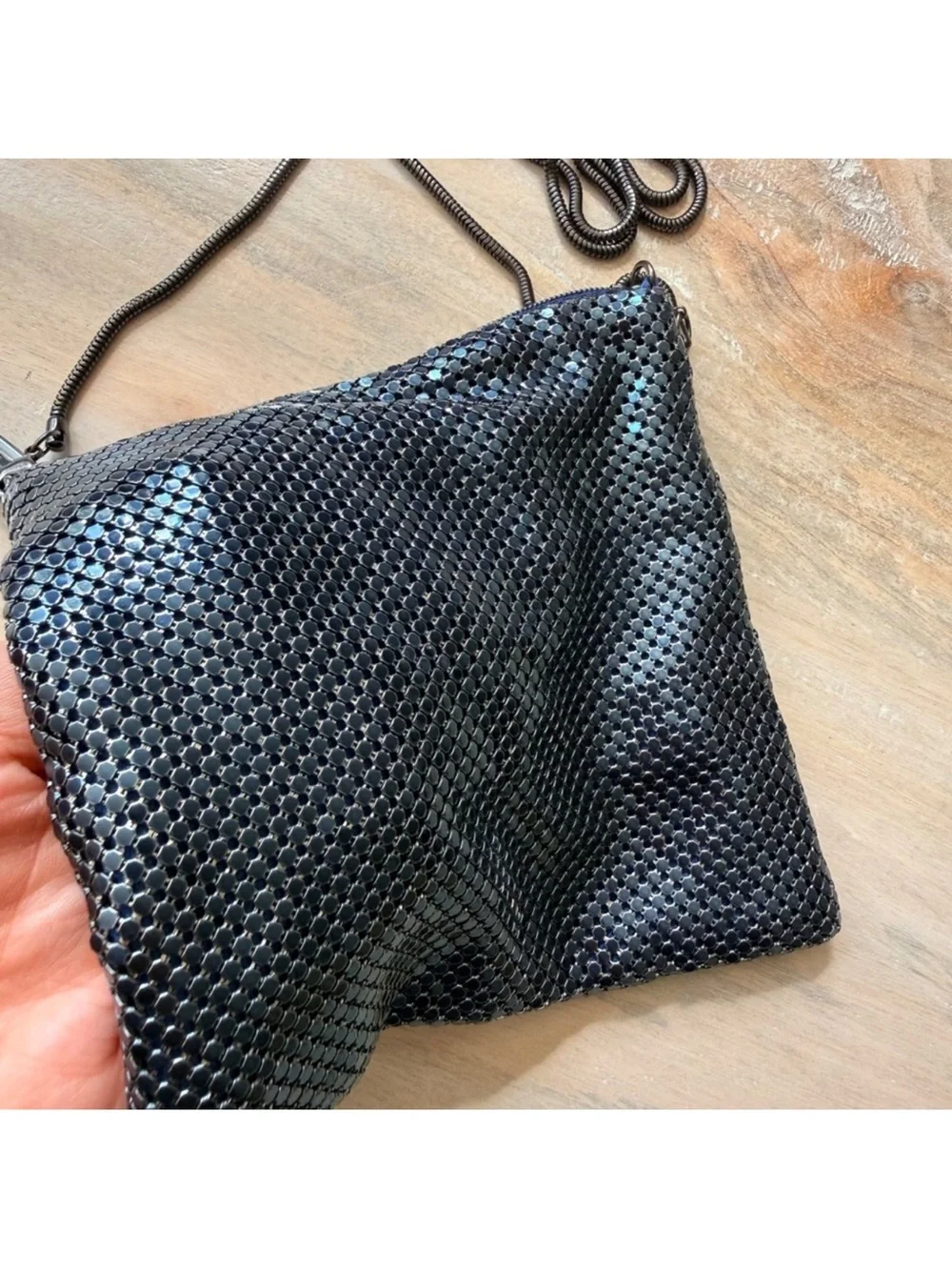Whiting & Davis Denim Navy Blue Mesh Crossbody Bag