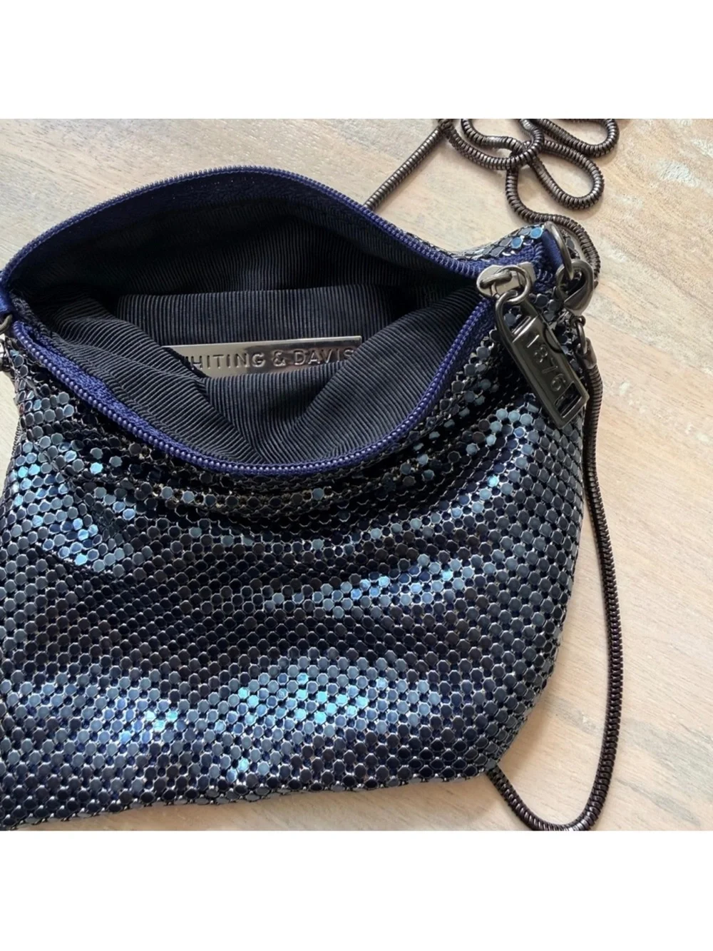 Whiting & Davis Denim Navy Blue Mesh Crossbody Bag