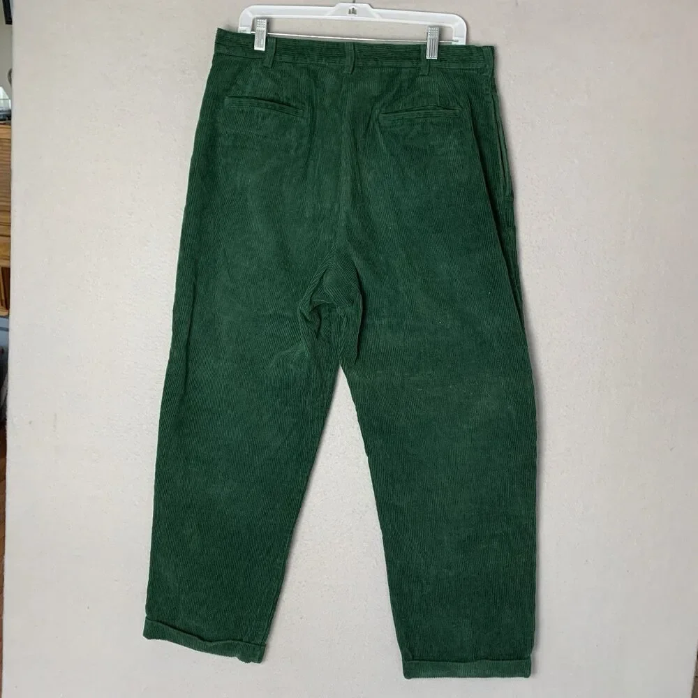 J Crew Oarsman Corduroy Pants Mens 36x29 Green Pleated Rolled Cuff Vintage