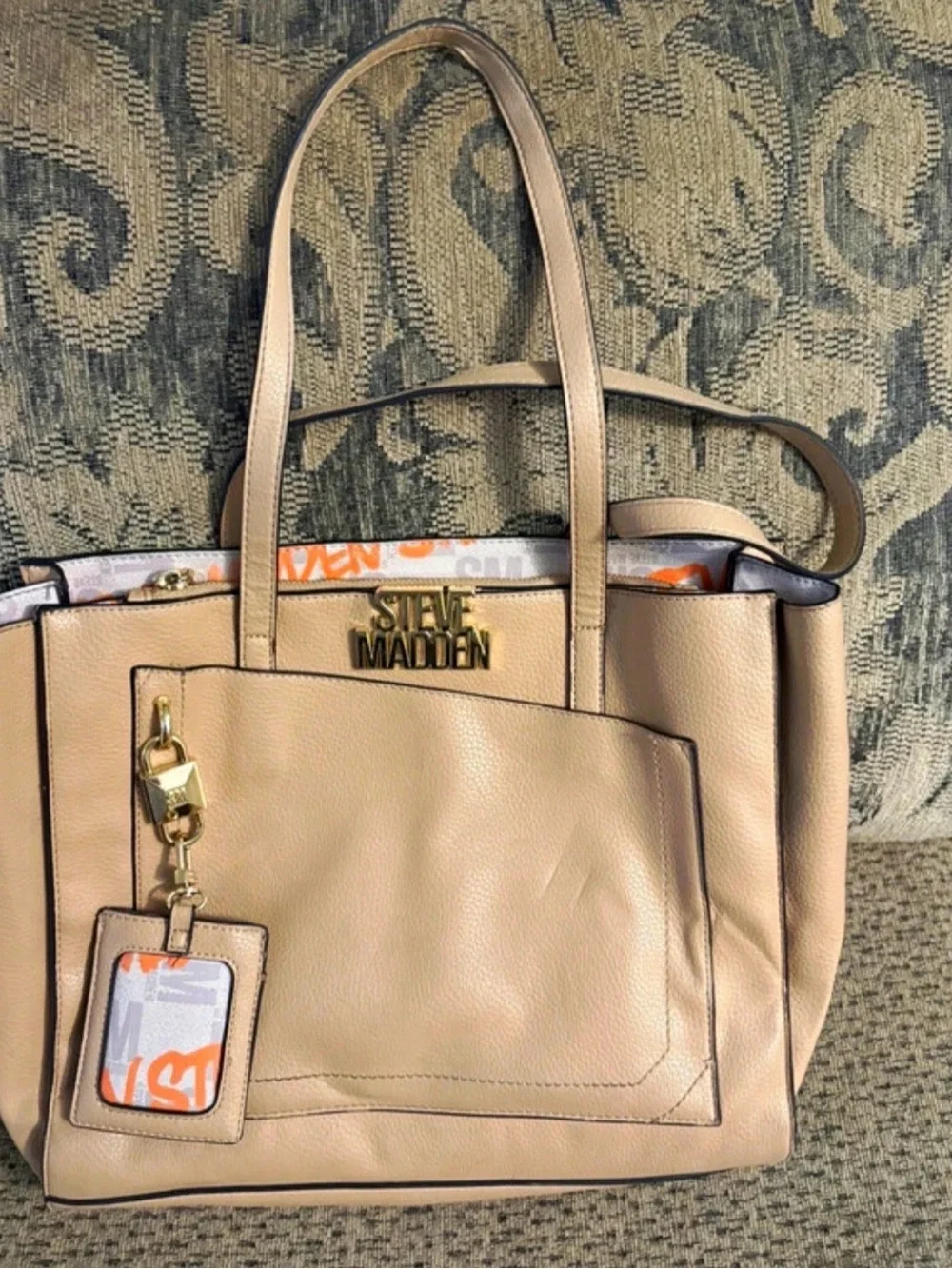 Steve Madden Tan Pebbled Tote with ID Charm