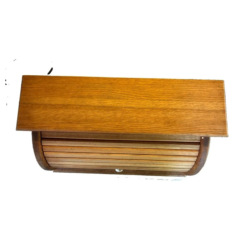 Vintage Oak Roll Top Wood Bread Bin, O.M.B. Wood Products