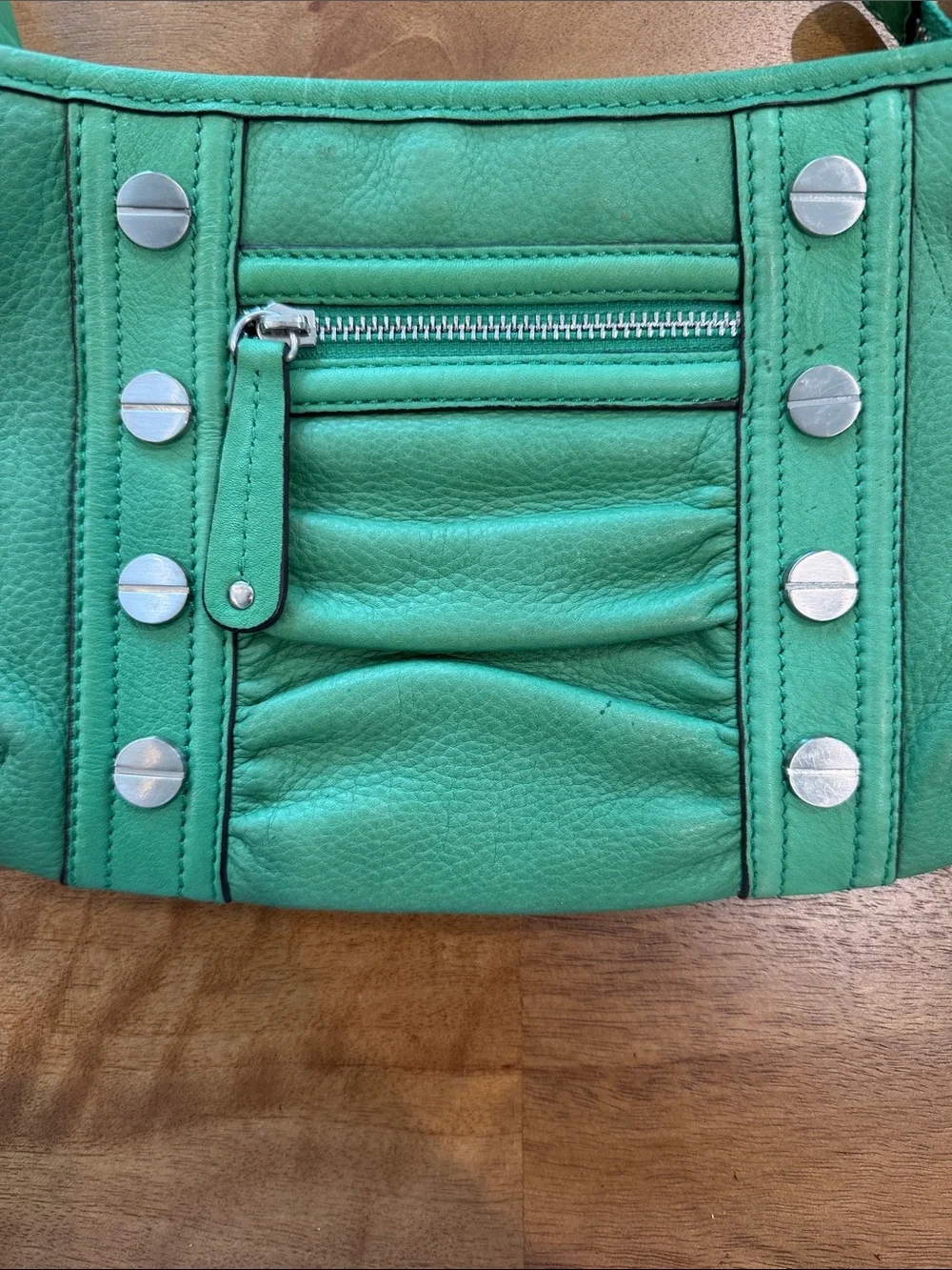 b. makowsky Green Leather Crossbody Bag with Silver Studs