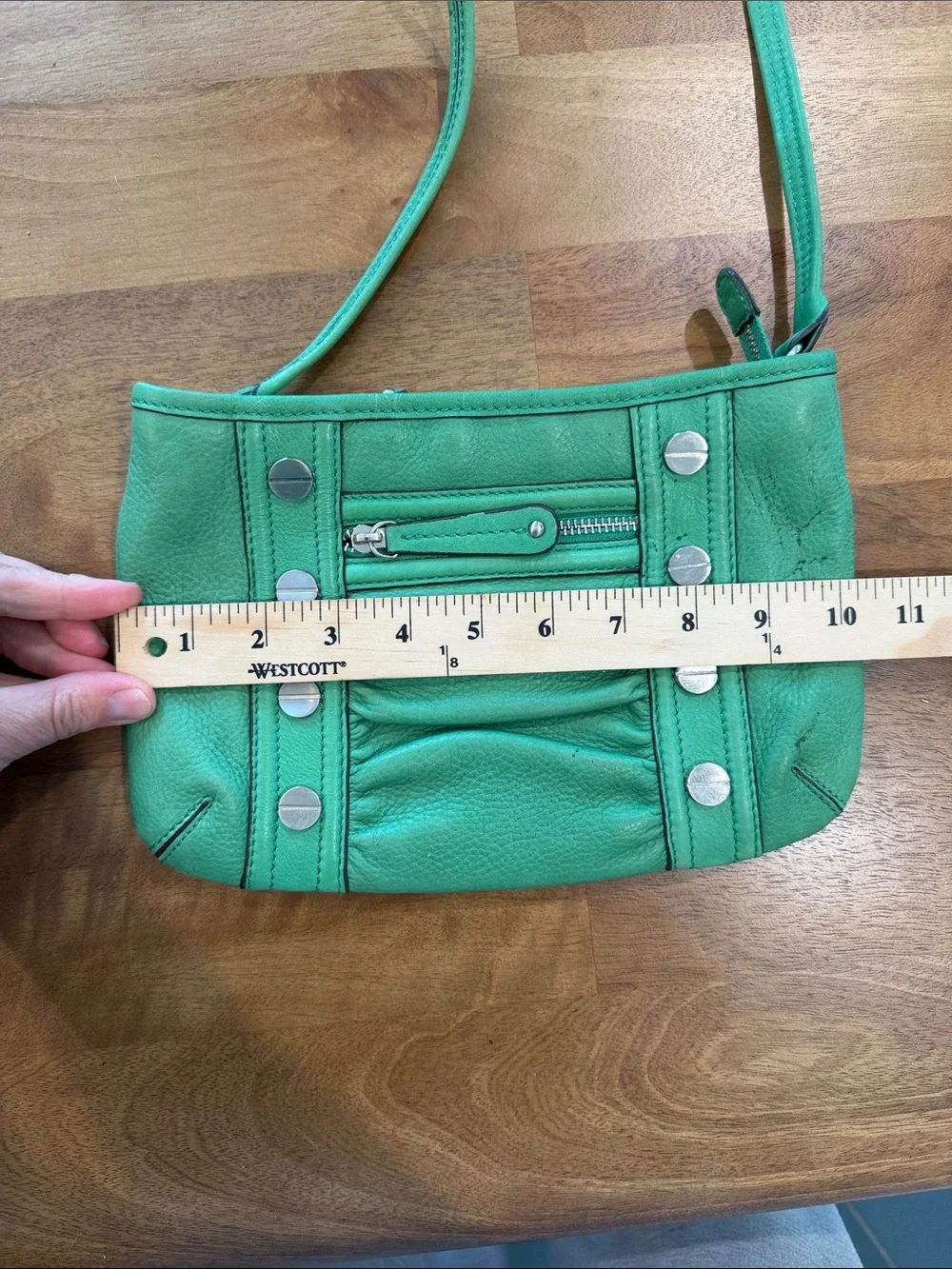 b. makowsky Green Leather Crossbody Bag with Silver Studs