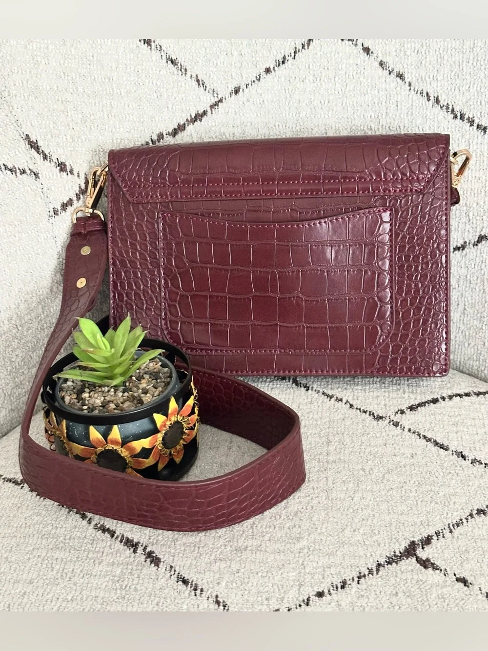 Madison West Croc-Embossed Wine Shoulder Bag with Gold Hardware
