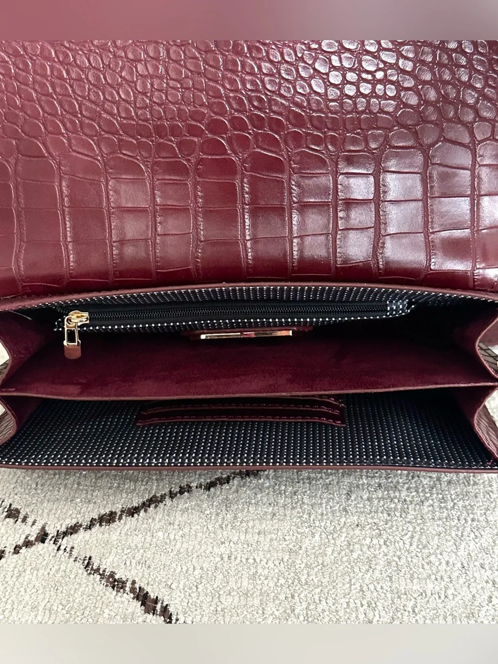 Madison West Croc-Embossed Wine Shoulder Bag with Gold Hardware