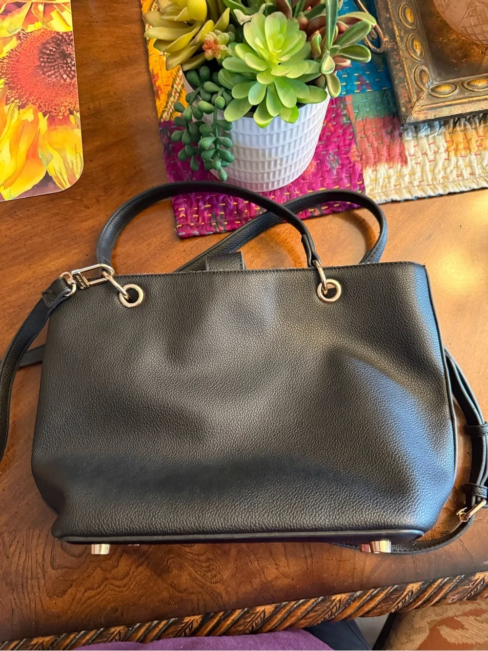Anne Klein Black Pebbled Leather Shoulder Tote with Tassel