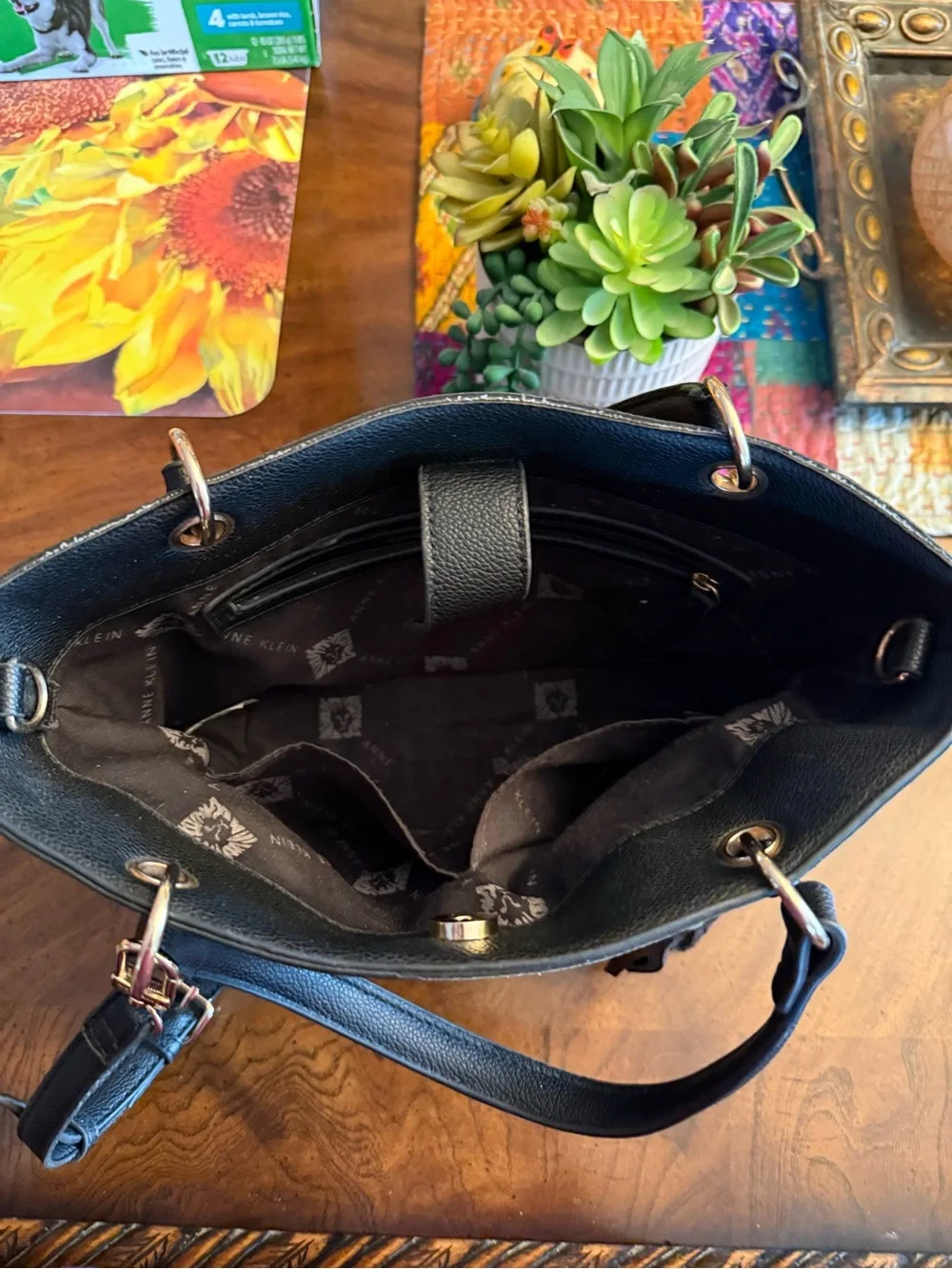 Anne Klein Black Pebbled Leather Shoulder Tote with Tassel