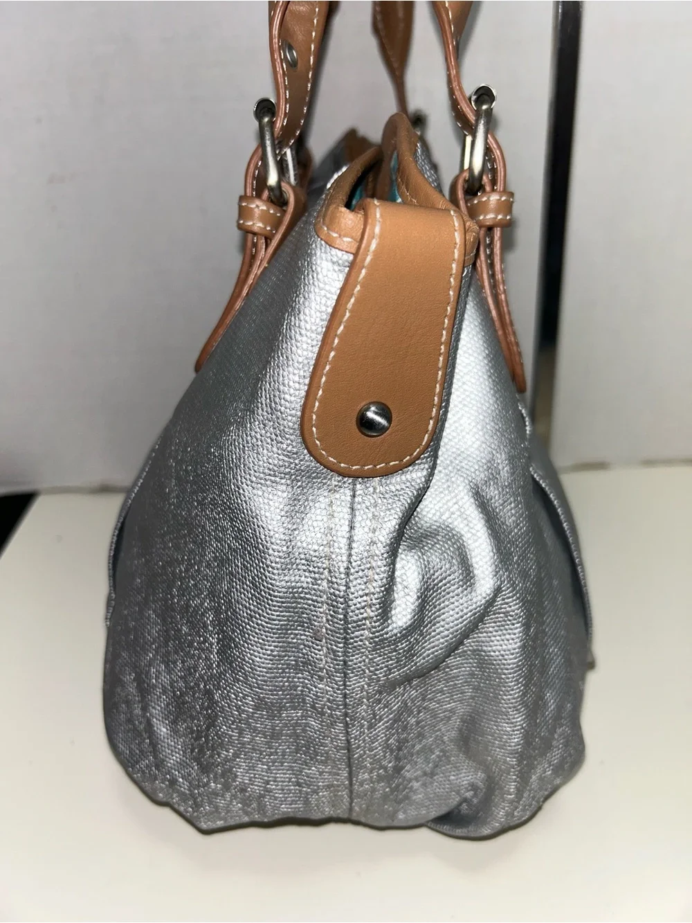 Boden Silver Metallic Coated Corton Tan Leather Tote Shoulder Bag