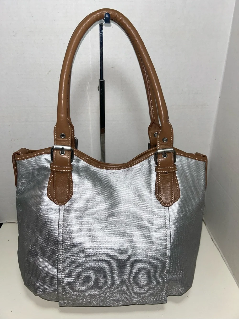 Boden Silver Metallic Coated Corton Tan Leather Tote Shoulder Bag