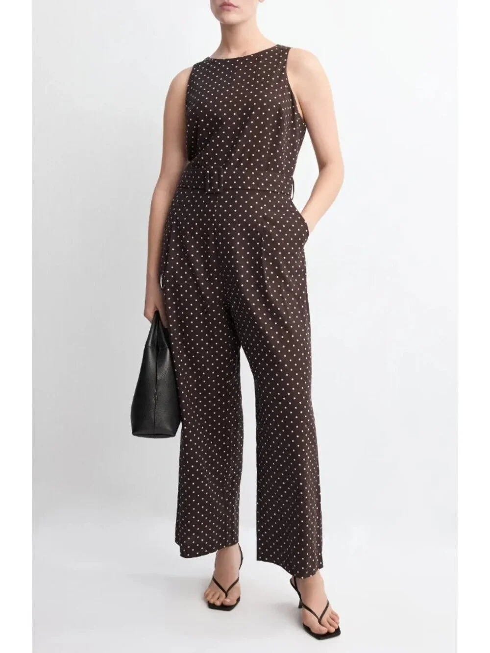 Mango Women's Round Neck Polka-Dot Belt Jumpsuit Brown/White NWOT Pockets MED