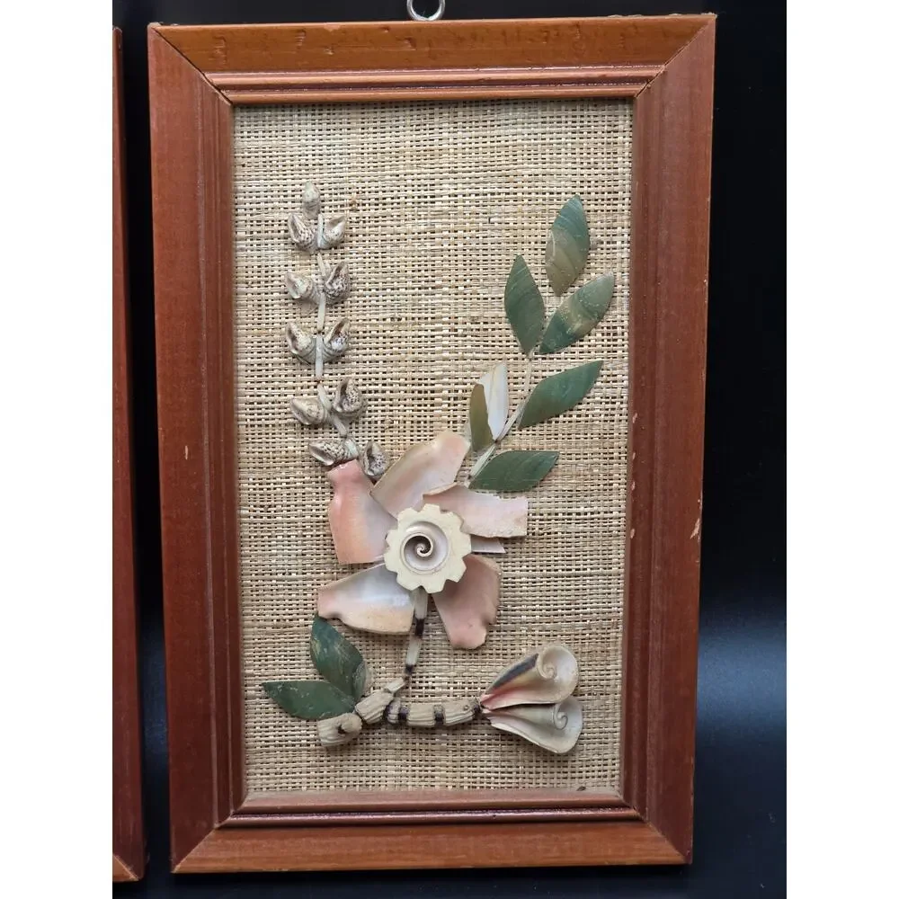Vintage Mid Century 3D Seashell Flower Art Framed Picture Set MCM Coastal Decor