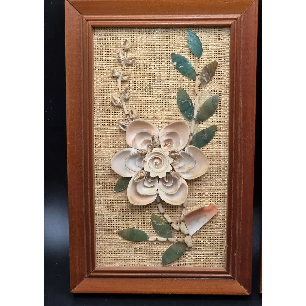 Vintage Mid Century 3D Seashell Flower Art Framed Picture Set MCM Coastal Decor