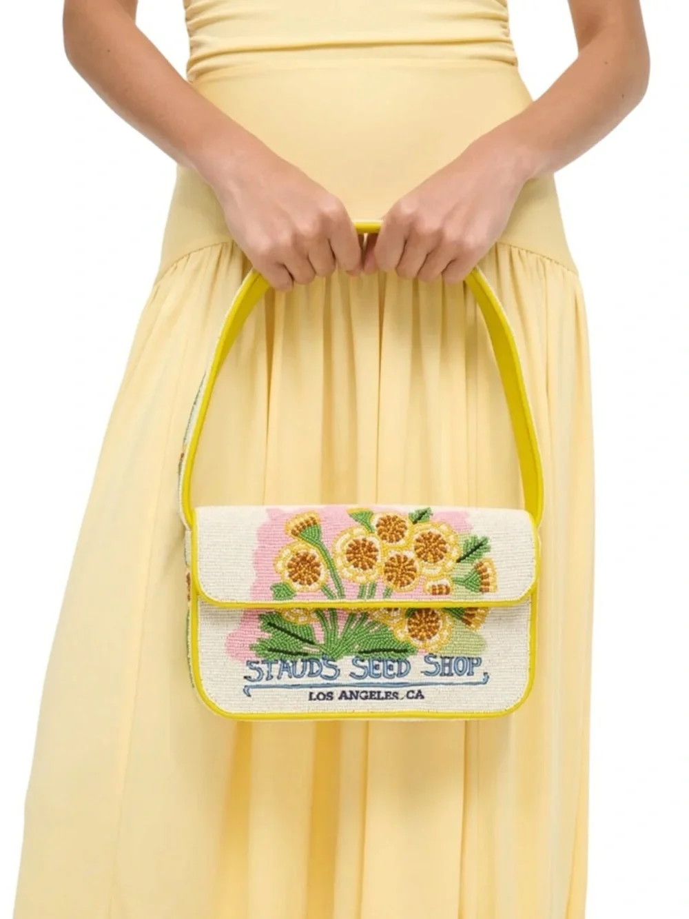 STAUD Tommy Bag Seed Shop Beaded Yellow Floral Shoulder Bag NWT