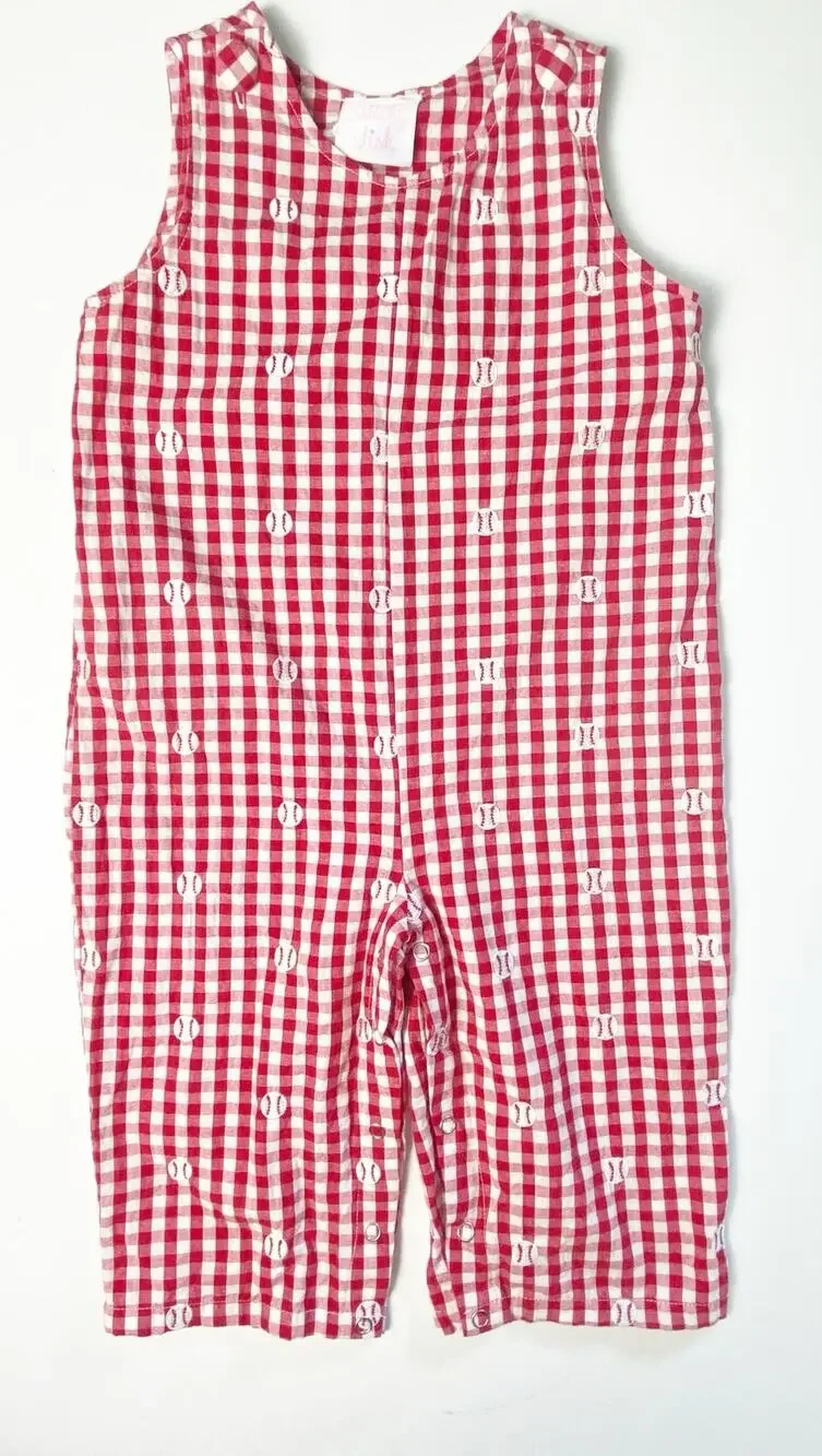 Sticky Fish Baseball Red and White Gingham Jumper Infant Size 18 Months