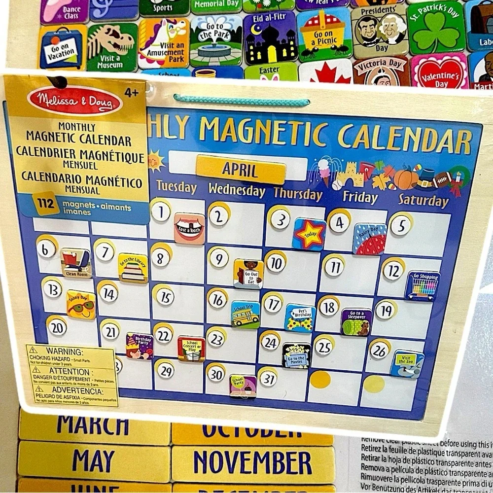 New Melissa & Doug LARGE Colorful Magnetic Calendar Wood Wall Hang 112 Magnets
