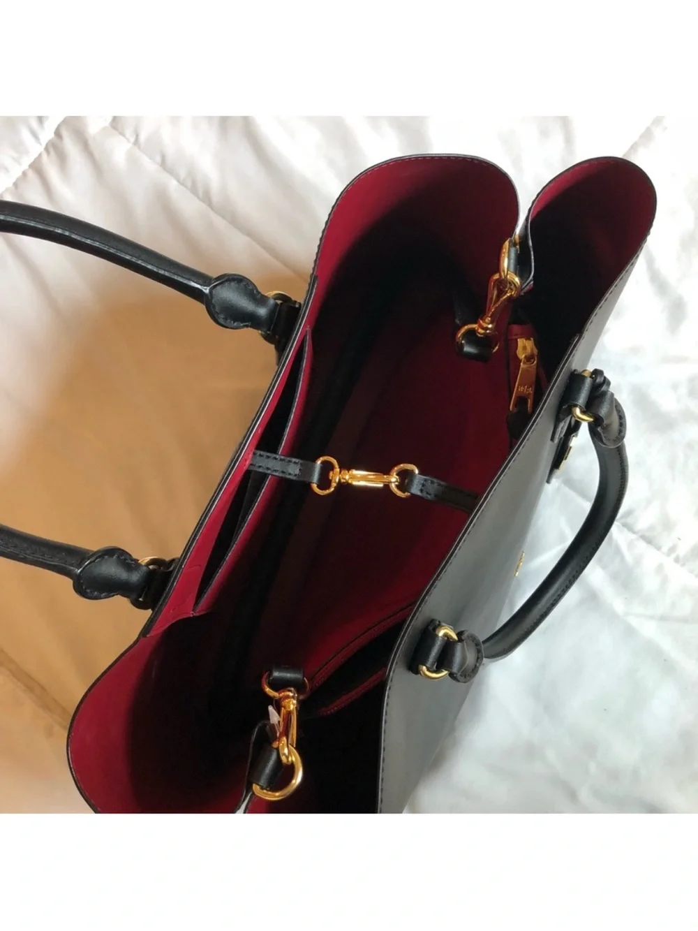 Lauren Ralph Lauren “Marcy” Black Leather Tote with Red Interior Trim