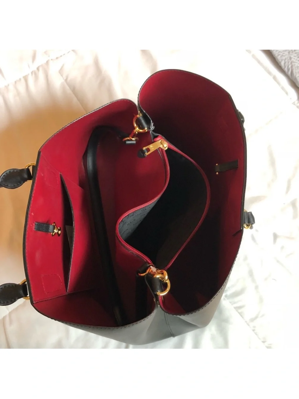 Lauren Ralph Lauren “Marcy” Black Leather Tote with Red Interior Trim