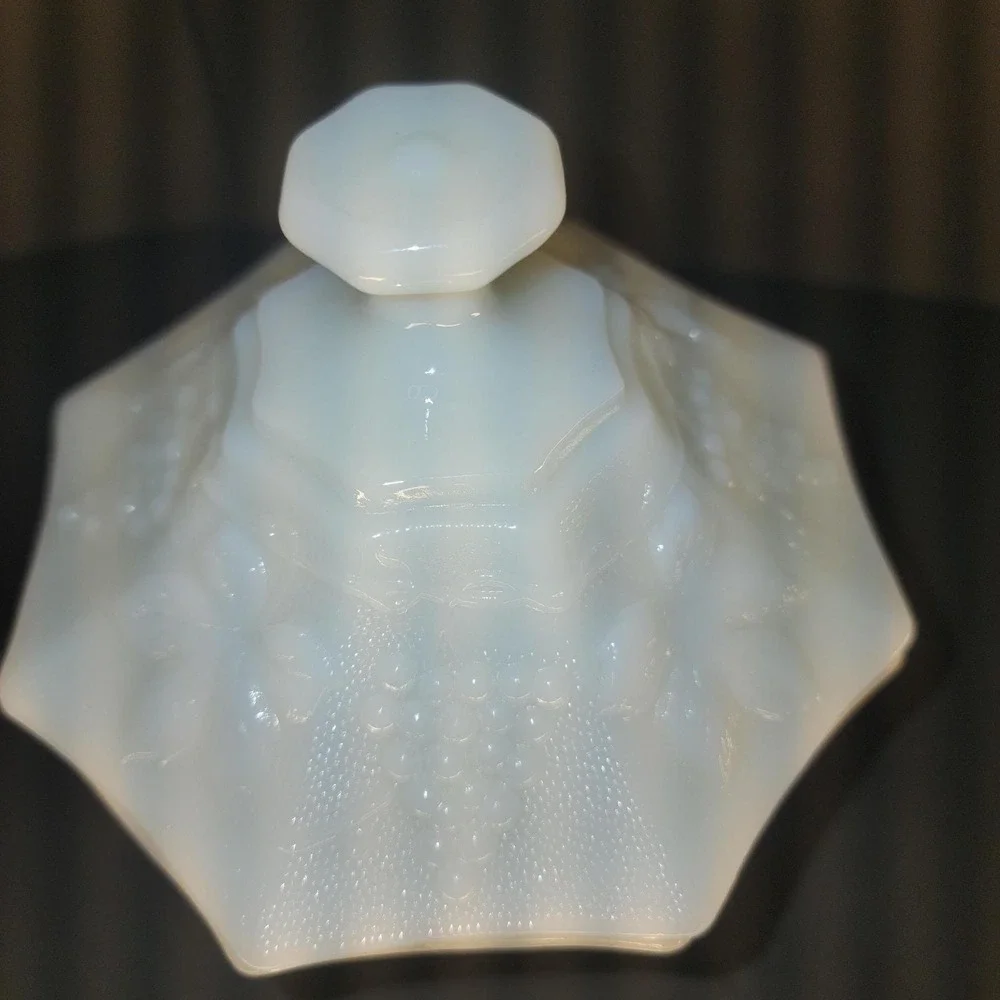 Anchor Hocking Milk Glass Pedestal Candy Dish with Lid, Grape Harvest Vintage