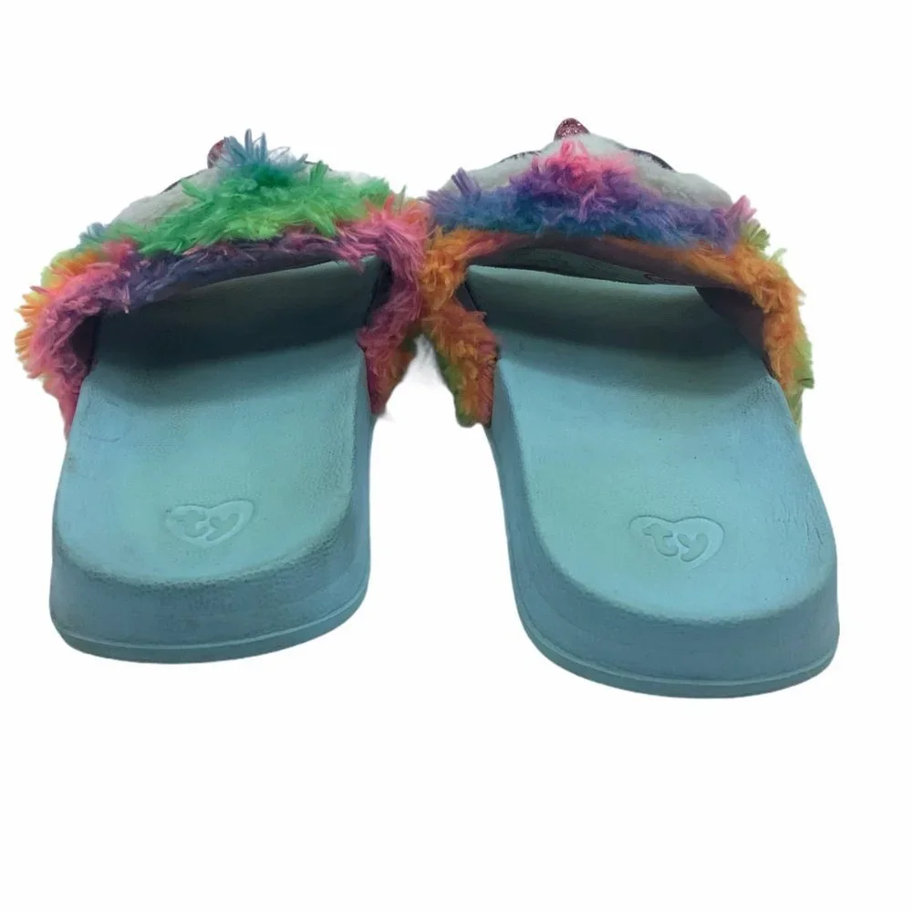 Ty Big Kid Unisex Owen the Fuzzy Rainbow Owl Slide On Flip Flop Sandals Size 4-6