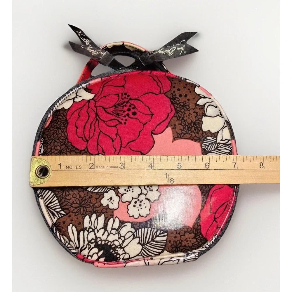 Vera Bradley Mocha Rouge Round Cosmetic Case Floral Travel Makeup Bag Pink Brown