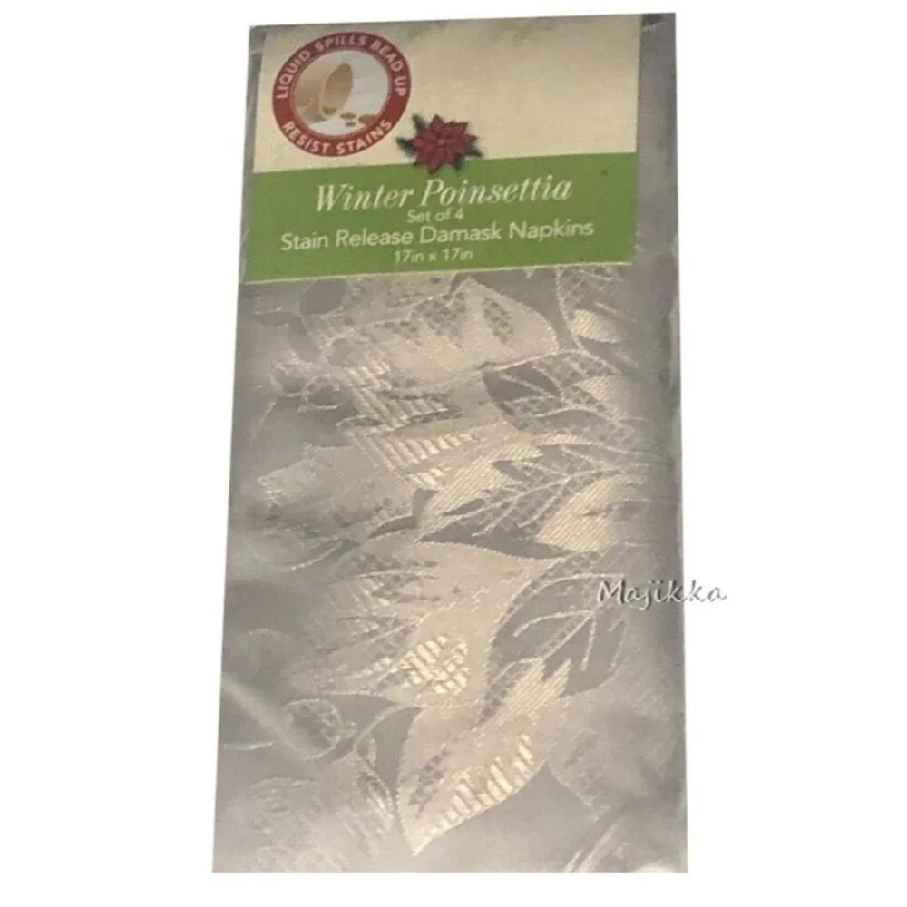 Christmas Poinsettia Napkins Gray Fabric Damask Stain Resistant Winter Set Of 4