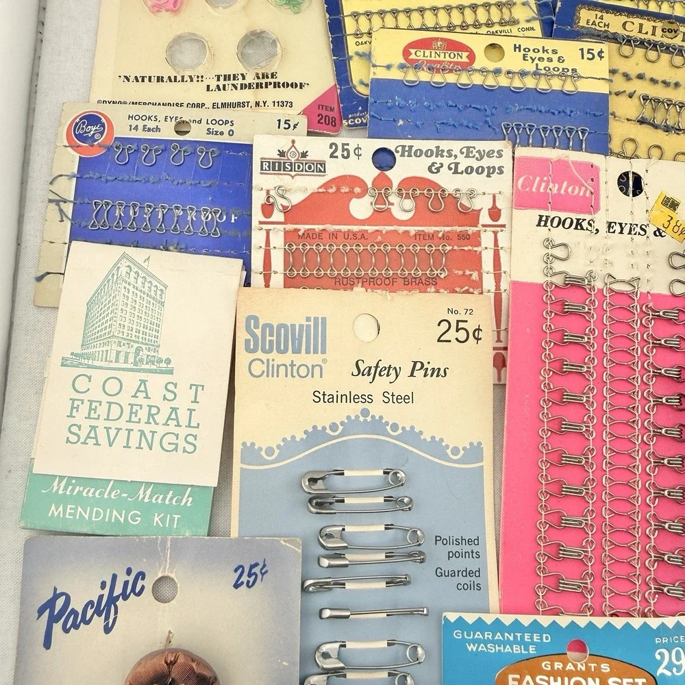 Vintage Lot Sewing Notions Hook Eye Loops Buttons Needles Mending Supplies