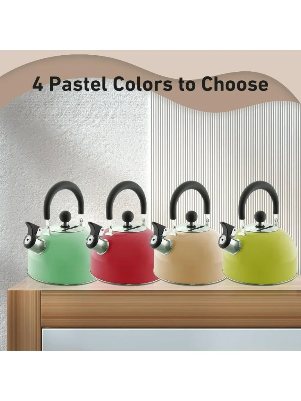 Pastel Red Kitchen Whistling Tea Kettle 2 Quart Stainless Steel Stovetop Teapot