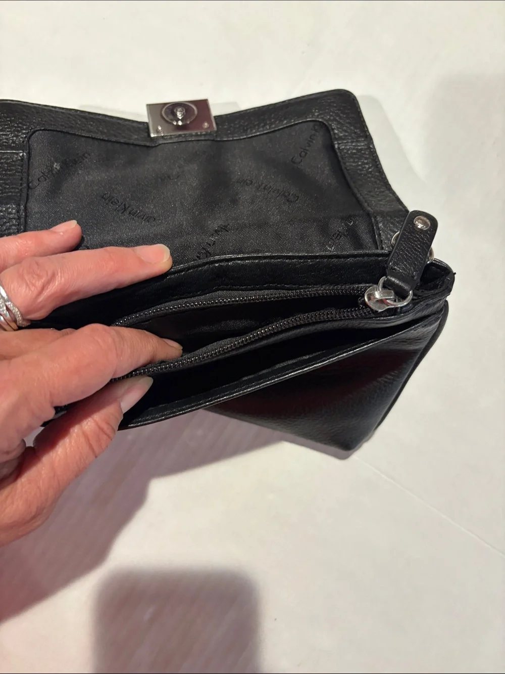 Calvin Klein Black Pebbled Leather Shoulder Bag with Rhinestone Lock