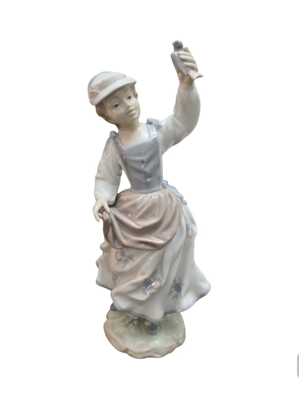 Lladro Porcelain Girl Figurine with Bird in White, Gray, Cream