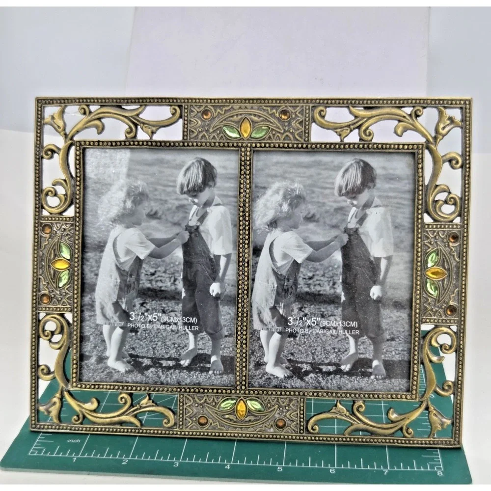 Gold Tone Metal Jeweled Double Picture Frame 3.5
