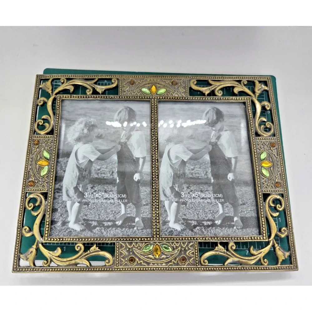 Gold Tone Metal Jeweled Double Picture Frame 3.5