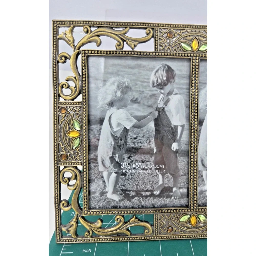Gold Tone Metal Jeweled Double Picture Frame 3.5