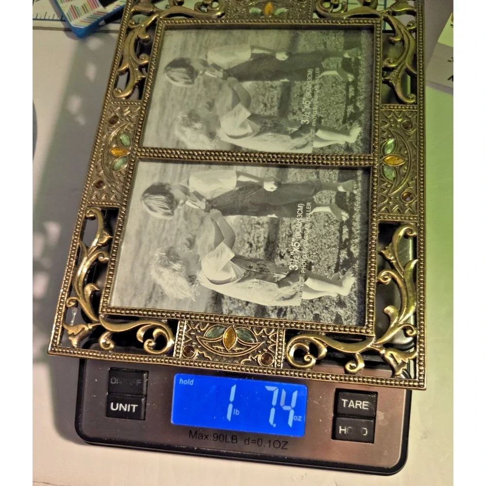 Gold Tone Metal Jeweled Double Picture Frame 3.5