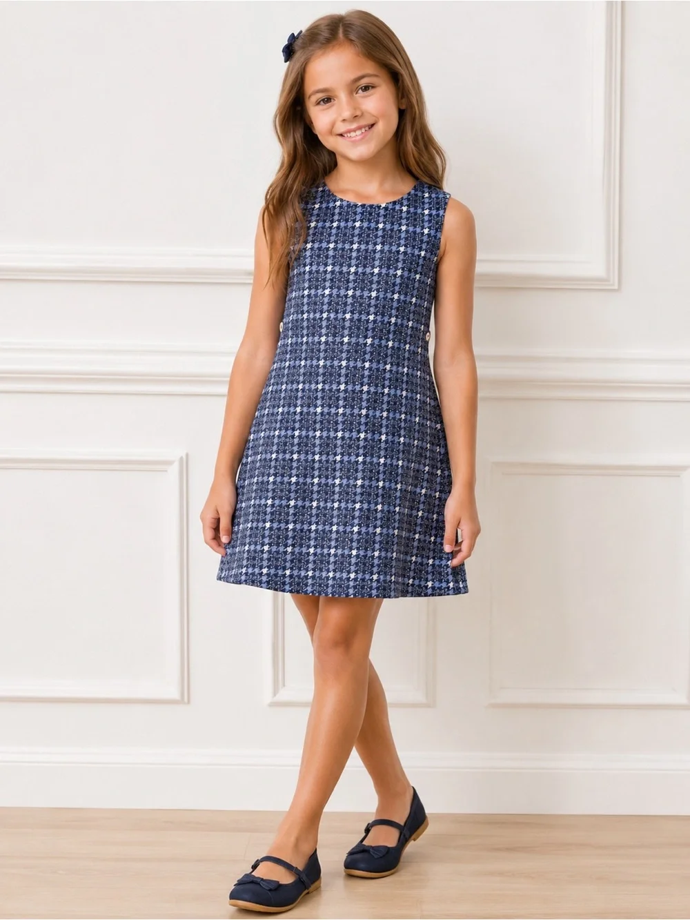 Nicole Miller New York Girls Size 5 Blue Houndstooth Sleeveless Dress