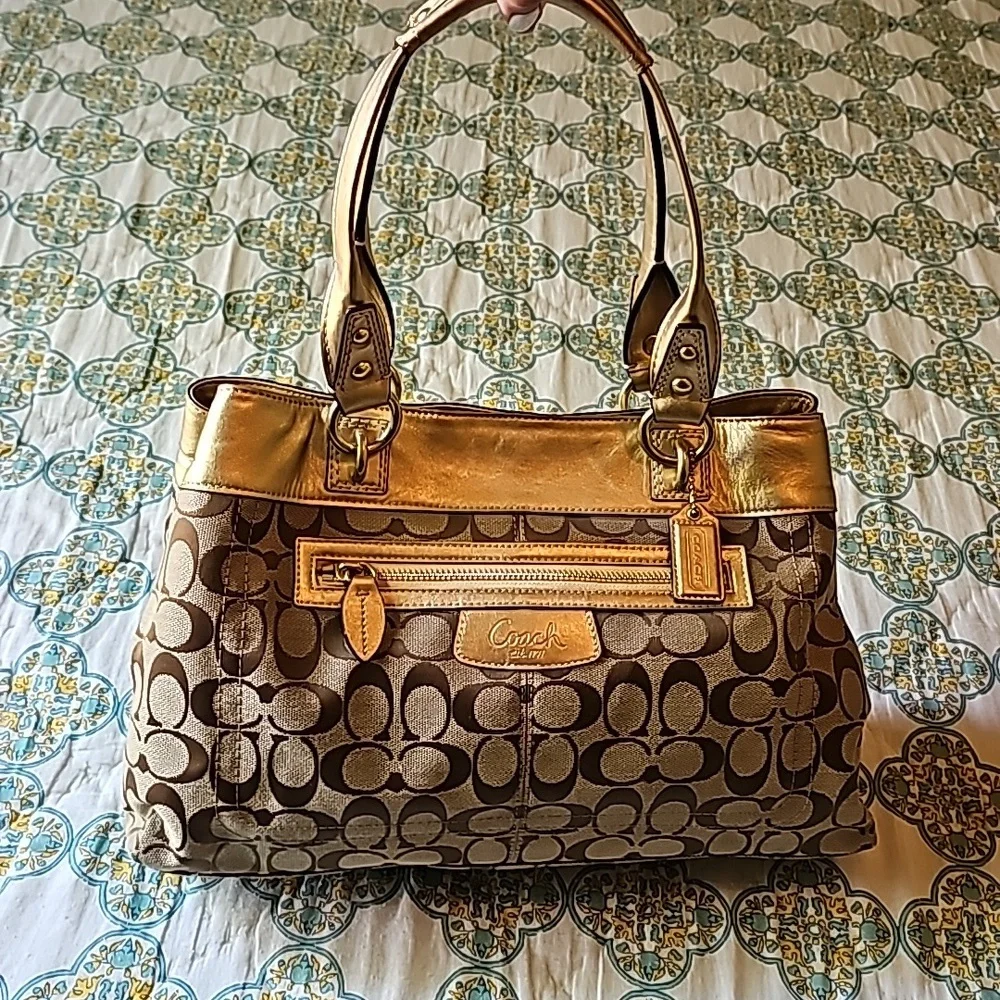 Coach Penelope Signature C Jacquard Metallic Gold Leather Tote Bag F15533
