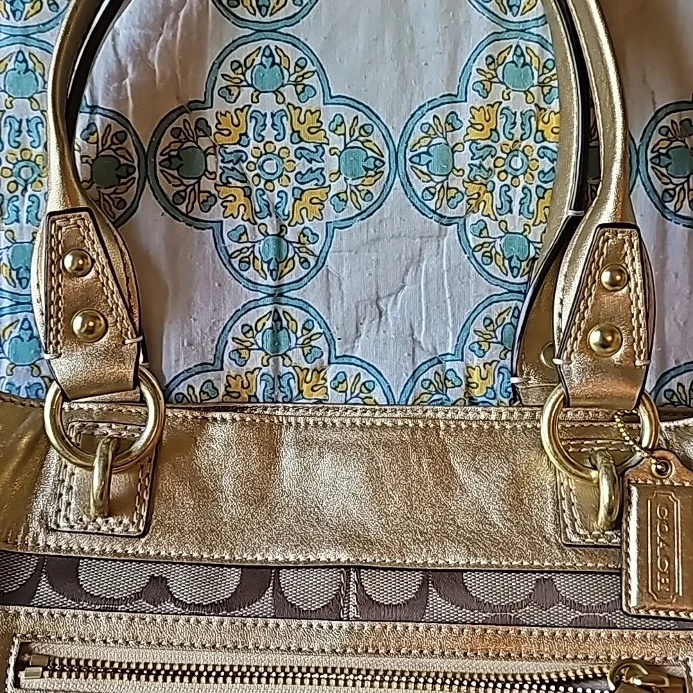 Coach Penelope Signature C Jacquard Metallic Gold Leather Tote Bag F15533