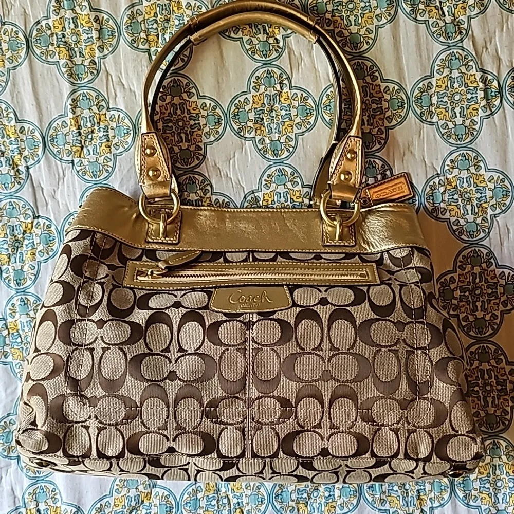 Coach Penelope Signature C Jacquard Metallic Gold Leather Tote Bag F15533
