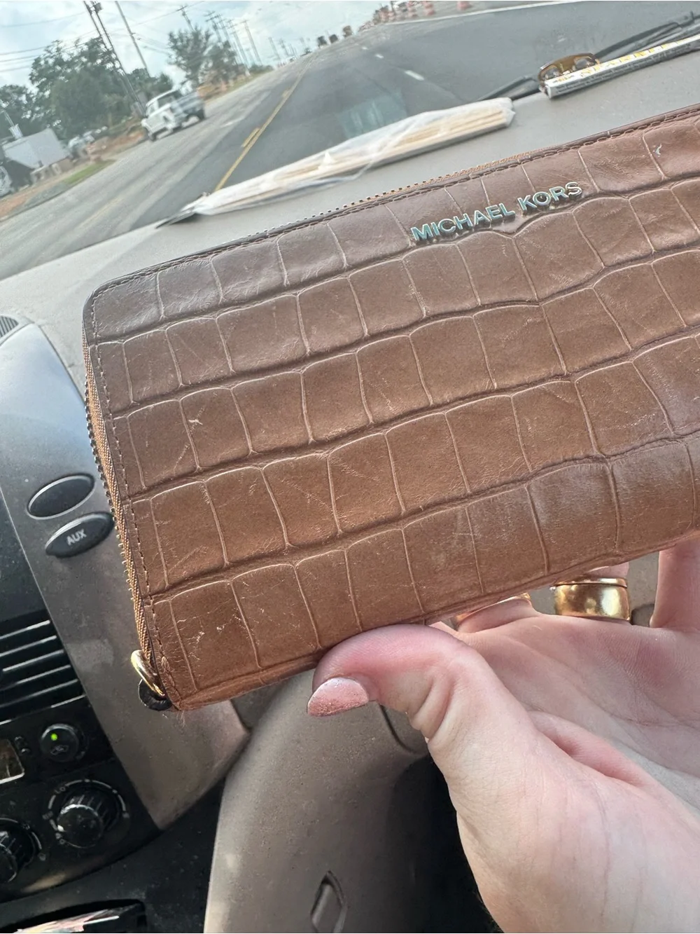 Michael Kors Croc-Embossed Tan Leather Zip-Around Wristlet Wallet