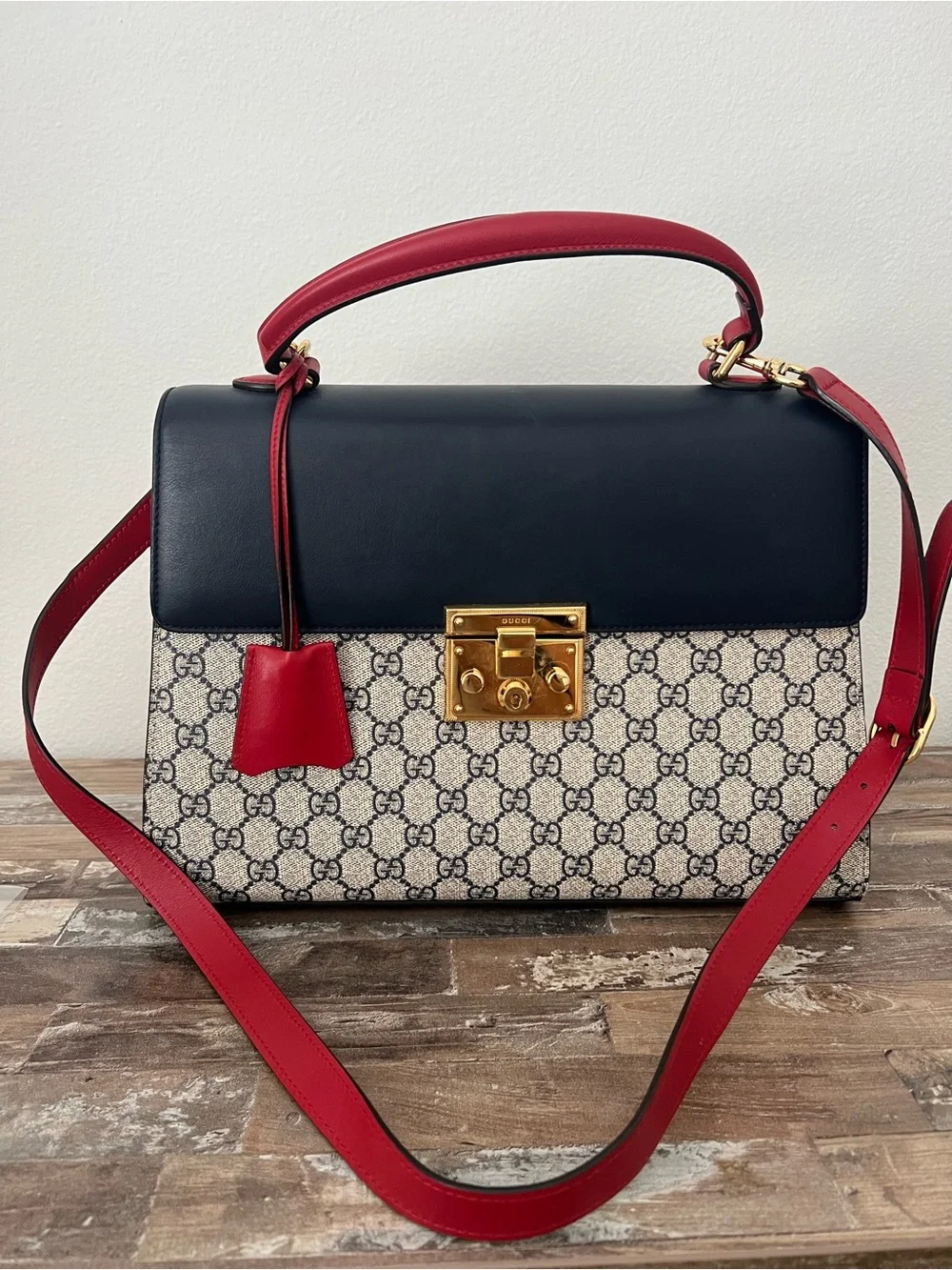 Gucci Navy, Red and Beige GG Supreme Top Handle Satchel and Wallet