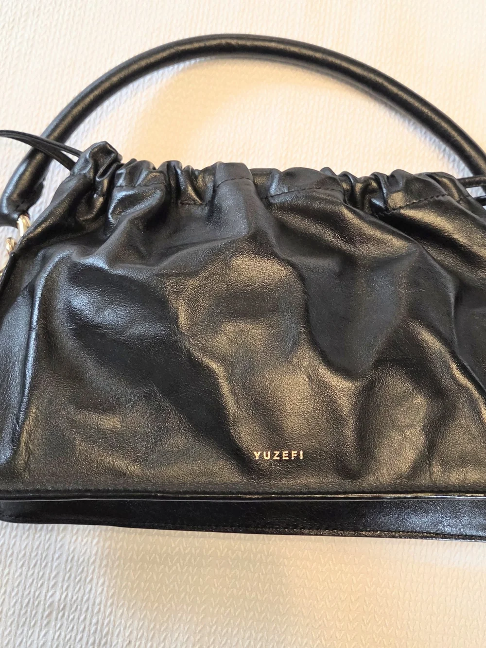 Yuzefi Black Leather Gathered Top Handle Bag