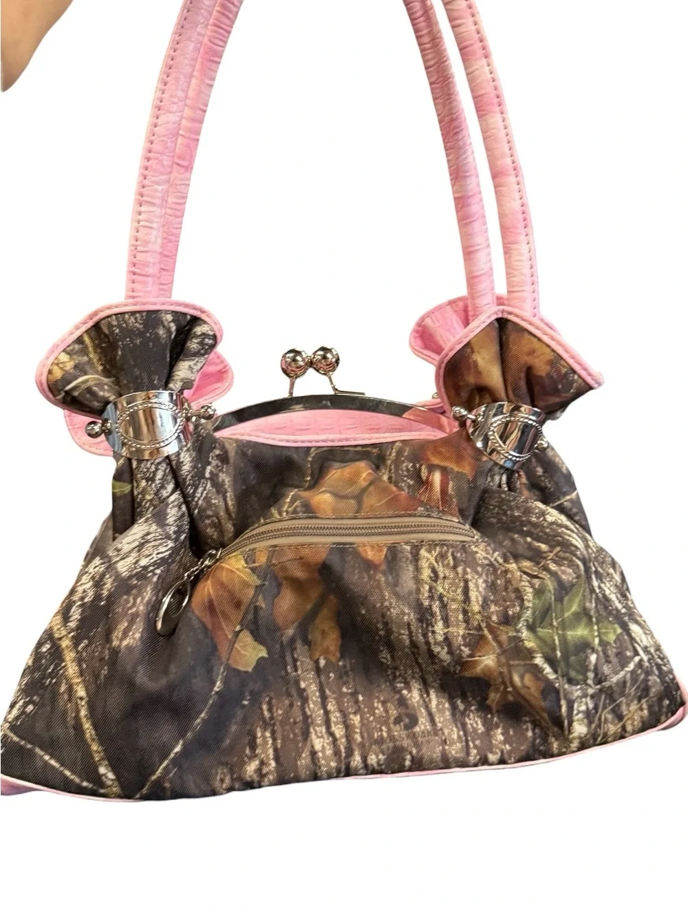 Pink Camo Shoulder Bag Kiss Lock Croc Embossed Boutique McBling Country Glam