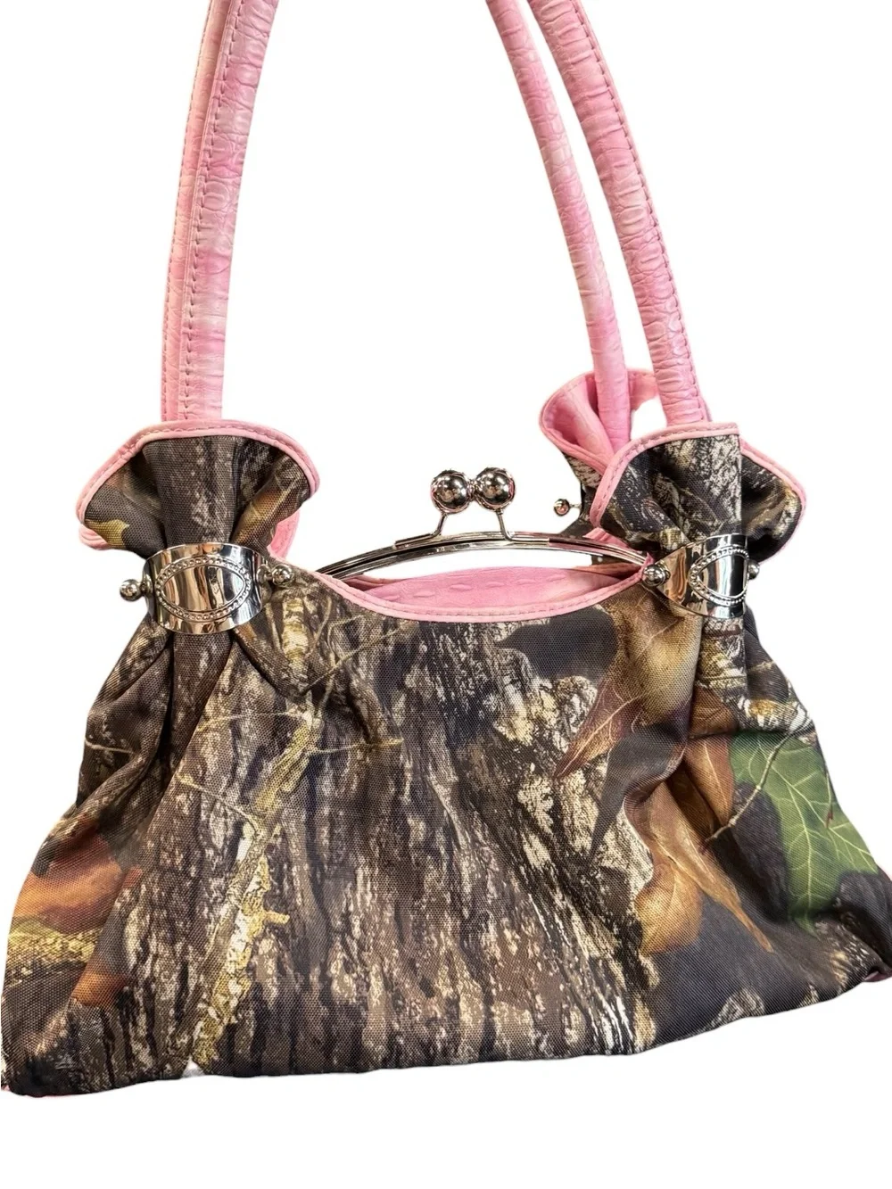 Pink Camo Shoulder Bag Kiss Lock Croc Embossed Boutique McBling Country Glam
